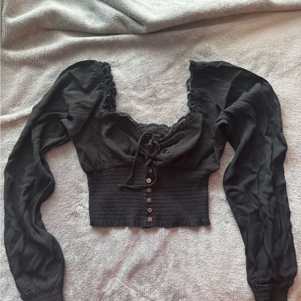 Cropped Black Cottage Core Blouse